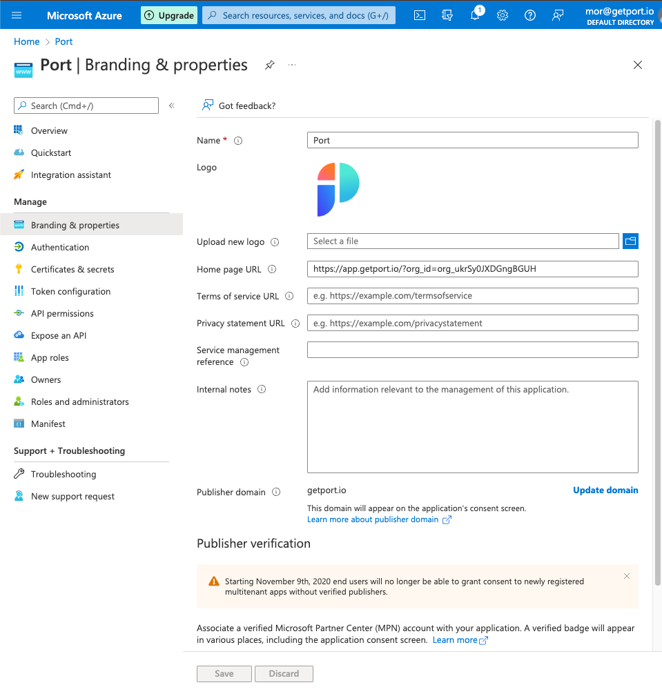 Azure app branding form