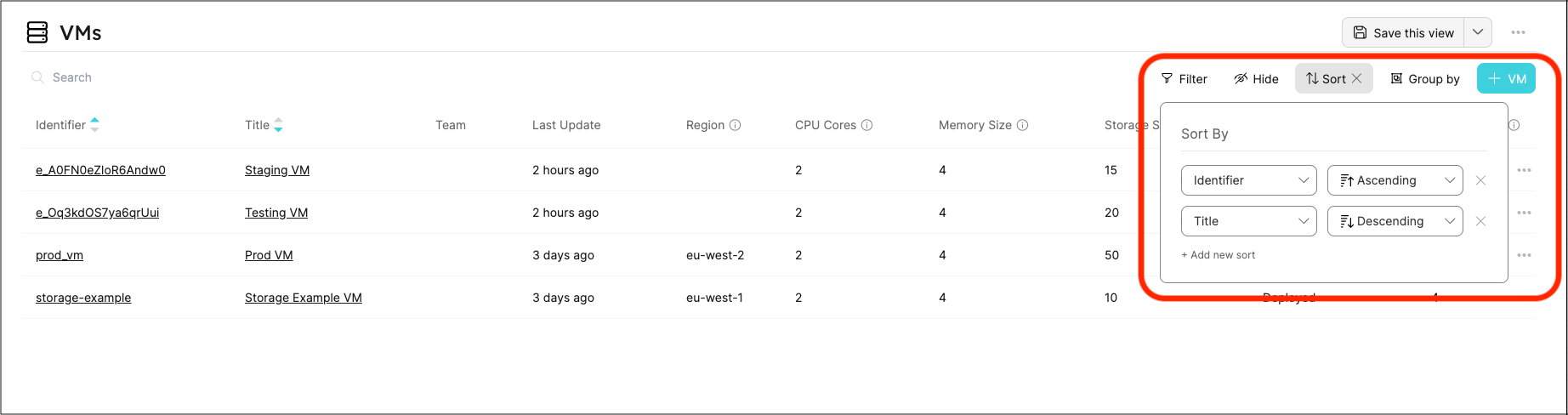 Table sort menu marked